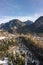 Aerial drone shot of Hohenschwangau in Fussen with view of Neuschwanstein castle in Germany winter