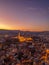 Aerial drone shot of lighted Matthias Churh Fisherman`s Bastion on Buda Hill in Budapest sunset time