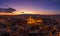 Aerial drone shot of lighted Matthias Churh Fisherman`s Bastion on Buda Hill in Budapest sunset time