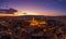 Aerial drone shot of lighted Matthias Churh Fisherman`s Bastion on Buda Hill in Budapest sunset time