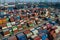 Aerial, drone shot of Long Beach port near Los Angeles with hundreds of shipping containers