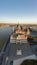 Aerial drone shot of south side facade of Hungarian Parliament during Budapest sunrise