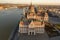 Aerial drone shot of south side facade of Hungarian Parliament Kossuth Square during Budapest sunrise