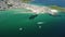 Aerial drone shot of St Ives town beach in England and the sea