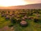 Aerial Drone Shot. Traditional Masai village at Sunset time near Arusha, Tanzania