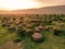 Aerial Drone Shot. Traditional Masai village at Sunset time near Arusha, Tanzania