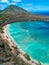 Aerial drone shot view of beach in Hanauma Bay Nature Reserve in Hawaii