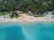 Aerial drone shot view of beach in Hanauma Bay Nature Reserve in Hawaii