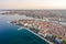 Aerial drone shot of Zadar old town peninsula with sea organ in sunrise in Croatia Dalmatia