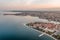 Aerial drone shot of Zadar Peninsula ocean view in sunrise hour in Croatia