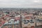 Aerial drone shot of Zrinyi Street with view of St. Stephen`s Basilica at dawn with city lights on