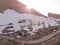 Aerial Drone Sunrise Shot on Mount Nemrud: ancient Antiochia god statues where heads are fallen down from their bodies