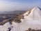 Aerial Drone Sunrise Shot on Mount Nemrud: ancient Antiochia god statues where heads are fallen down from their bodies