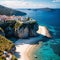 Aerial drone top down photo of beautiful red fishing boat anchored in small paradise island of Monolia in small