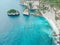 Aerial drone top view diamond beach in Nusa Penida, Bali, Indonesia with amazing turquoise blue ocean