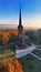 Aerial drone verical view of the Peri-Sapanta Monastery at sunrise, Romania