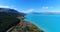 Aerial drone video of lake Pukaki and southern alps South Island New Zealand