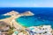 Aerial drone view of Agia Anna beach. Mykonos island, Greece