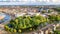 Aerial drone view of Alkmaar town cityscape from above, typical Dutch city skyline with canals and houses, Holland, Netherlands