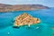 Aerial drone view of the ancient island of Spinalonga on the Greek island of Crete