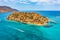 Aerial drone view of the ancient island of Spinalonga on the Greek island of Crete