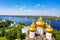 Aerial drone view of Assumption Cathedral and river Kotorosl in summer. Yaroslavl city, touristic Golden Ring in Russia