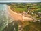 Aerial drone view of Atlantic ocean shore line in Finistere, Brittany, France