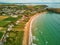 Aerial drone view of Atlantic ocean shore line in Finistere, Brittany, France