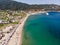 Aerial Drone View of Beach Cove with People Swimming at Erdek Turankoy / Balikesir / Turkey.