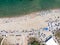 Aerial Drone View of Beach Cove with People Swimming at Erdek Turankoy / Balikesir / Turkey.