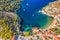 Aerial drone view of beautiful Assos village on Kefalonia Island in Greece