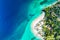 Aerial drone view of beautiful caribbean tropical island Cayo Levantado beach with palms. Bacardi Island, Dominican Republic.