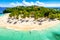 Aerial drone view of beautiful caribbean tropical island Cayo Levantado beach with palms. Bacardi Island, Dominican Republic.