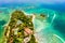 Aerial drone view of beautiful caribbean tropical island Cayo Levantado with palms. Bacardi Island, Dominican Republic. Vacation