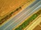 Aerial drone view of beautiful French countryside and six-lane motorway in France