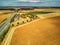 Aerial drone view of beautiful French countryside and six-lane motorway in France