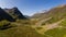 Aerial drone view of the beautiful valley of Glencoe in the Scottish highlands on a clear, sunny day