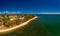 Aerial drone view of Bongaree Jetty on Bribie Island, Sunshine Coast, Australia