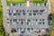 Aerial drone view of a busy corporate parking lot