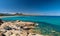 Aerial drone view of Cala Monte Turno and San Pietro Beaches, Sardinia. Italy