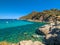 Aerial drone view of Cala Monte Turno and San Pietro Beaches, Sardinia. Italy