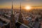 Aerial drone view of the Cathedral of St. Peter and Paul the Apostles and old town buildings before sunset