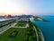 aerial drone view of Chicago metropolis from the lake during sunset