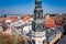 Aerial drone view on church tower in Zielona Gora