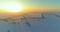 Aerial drone view of cold winter landscape with arctic field, trees covered with frost snow and morning sun rays over