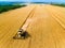 Aerial drone view: combine harvesters working in wheat field on sunset. Harvesting machine driver cutting crop in