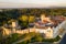 Aerial drone view of Convento de cristo christ convent in Tomar at sunrise, Portugal