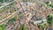 Aerial drone view of Delft town cityscape from above, typical Dutch city skyline with canals and houses, Netherlands
