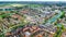 Aerial drone view of Delft town cityscape from above, typical Dutch city skyline with canals and houses, Netherlands