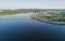 Aerial drone view of Dnepr river and Rybalskiy island from above, bridges and skyline of Kiev city, Ukraine